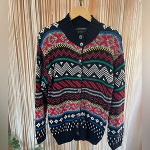 Chunky oversized Retro black& multi-color cardigan w/ a boho vibe Counterparts